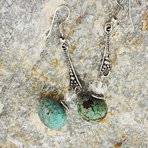 TURQUOISE & CRYSTALS HANDMADE DANGLING EARRINGS SILVER TONE METAL